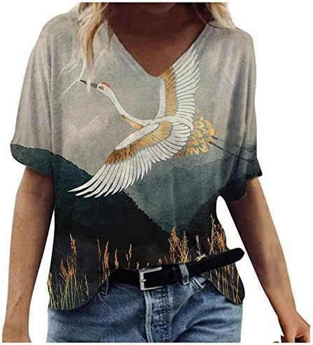Kadın yaz moda T-Shirt renkli boyama hayvan çiçek grafik üstleri V boyun kısa kollu bluzlar