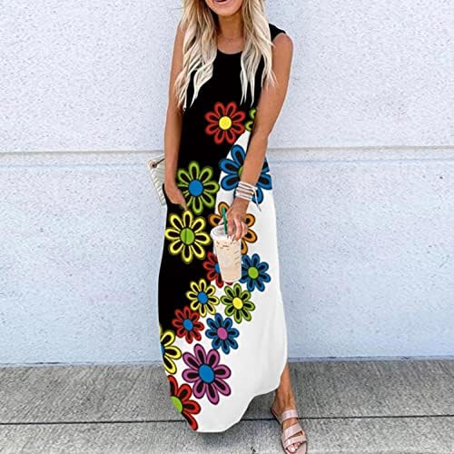 Jiabing Yaz Elbiseler Kadınlar için Kolsuz Maxi Elbiseler Gevşek Fit Kelebek Çiçek Baskılı uzun elbise Tankı Elbise Sundress