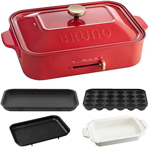 BRUNO kompakt sıcak tabak + takoyaki tabağı + seramik kaplı tencere + ızgara tabağı 4 parçalı set (Kırmızı)