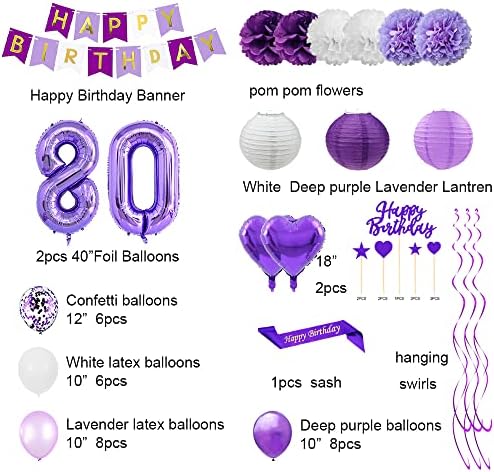 Santonila Mor 80th Doğum Günü Süslemeleri set Mutlu Doğum Günü Banner Kanat ve Kek Topper Numarası 80 Konfeti Lateks Balonlar