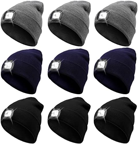 SATEN 9 Paket LED ışık Bere Şapka USB Şarj Edilebilir 4 LED Far Şapka Unisex Kış Örme Şapka Kap Koşu için
