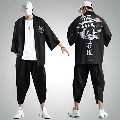XXBR Erkek Çin Kimono Setleri Gevşek Açık Ön Dökümlü 3/4 Kollu Hırka kapri pantolonlar Seti Japonya Ukiyoe Baskı Kıyafetler