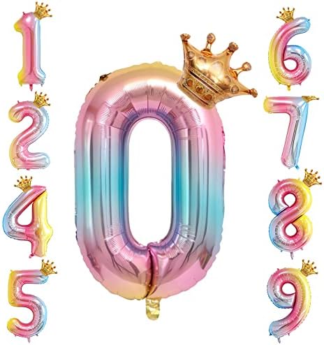 40 İnç Degrade Taç Numarası 5 Balon, Gökkuşağı Degrade Helyum Numarası Balonlar ile Altın Taç Balon, Doğum Günü Partisi Dekorasyon