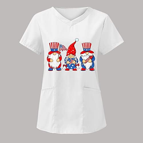 4th Temmuz Gömlek Kadınlar için Abd Bayrağı Yaz Kısa Kollu V Boyun T-Shirt 2 Cepler Bluz Üst Tatil Rahat İş Giysisi