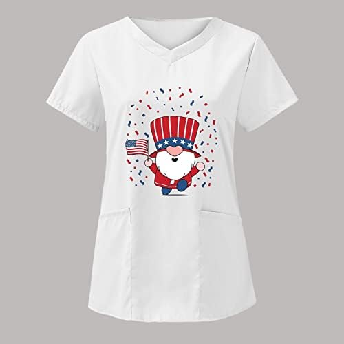 4th Temmuz Gömlek Kadınlar için Abd Bayrağı Yaz Kısa Kollu V Boyun T-Shirt 2 Cepler Bluz Üst Tatil Rahat İş Giysisi