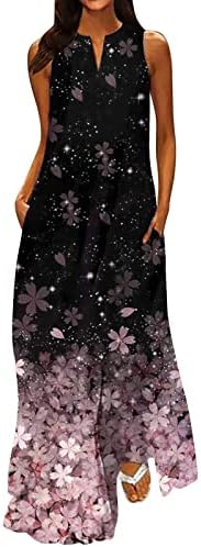 Kadın Maxi uzun elbise 2023 Yaz Çentik Boyun Kolsuz Çiçek Sundress Artı Boyutu Spagetti Elbiseler cepli