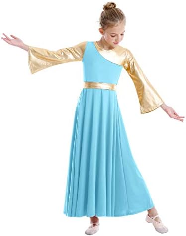 Kızlar Metalik Liturjik Övgü Dans Elbise Çan Uzun Kollu Lirik İbadet Kostüm Tam Boy Giyim Çocuklar için