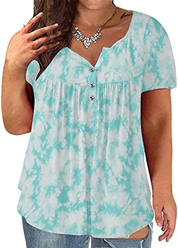 Büyük boy Yaz T Shirt Kadınlar için Renkli Batik Dantelli Tunik Üstleri V Boyun Kısa Kollu Casual Bluzlar
