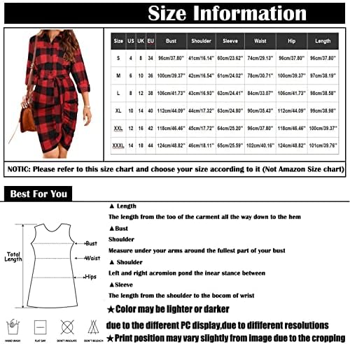 NOKMOPO Elbiseler Kadınlar için 2023 Moda Rahat Kravat Bel Gömlek Uzun Kollu Yaka Kısa Etek Ekose Elbise