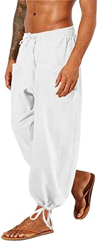 Gafeng Erkek Keten Pantolon İpli Gevşek Fit Elastik Bel Rahat Kırpılmış Pantolon Yoga Harem Pantolon Cepler ile