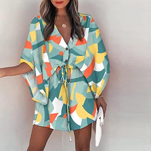 Kadın Yaz Moda 2023, kadın Yaz 3/4 Kollu V Boyun tatil elbisesi Boho Baskı İpli Güneş Plaj Elbise