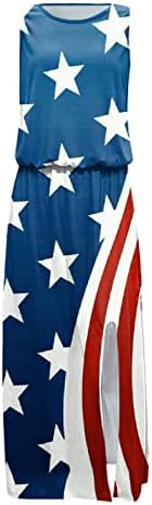 4th Temmuz Elbiseler Kadınlar için Rahat ABD Bayrağı Şerit Yıldız Uzun Maxi Elbise Yaz Yarık Crewneck Plaj Sundress cep ile