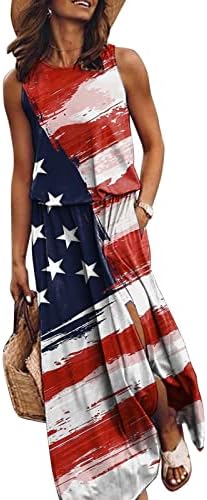 4th Temmuz Elbise Kadınlar için Rahat Vatansever Amerikan Bayrağı Uzun Maxi Elbiseler Yaz Kolsuz Plaj Güneş Elbise Cep