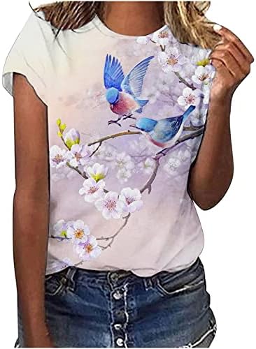 Üst Bayanlar Yaz Güz 2023 Kısa Kollu Ekip Boyun Pamuk Kuş Çiçek Grafik Salonu Bluz Tshirt Genç Kızlar için