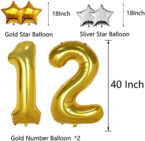 Büyük Altın 12 Numara Balonlar - 40 inç,Erkek Kız için Dev Folyo Mylar 12. Doğum Günü Balonları Süslemeleri, 12. Yıldönümü