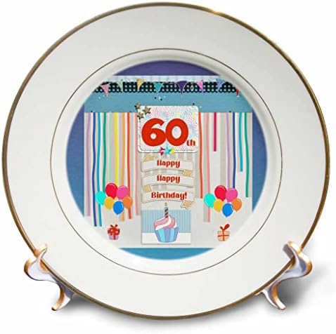 60. Doğum Günü Etiketinin 3dRose Görüntüsü, Kek, Mum, Balonlar, Hediye, Flamalar - Tabaklar (cp_359895_1)