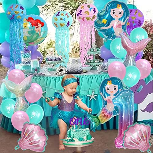 Mermaid 1st Doğum Günü Süslemeleri Kızlar için, Asılı Denizanası Kağıt Fenerler Mermaid Numarası 1 Balık Kuyruğu Kabuk Yuvarlak